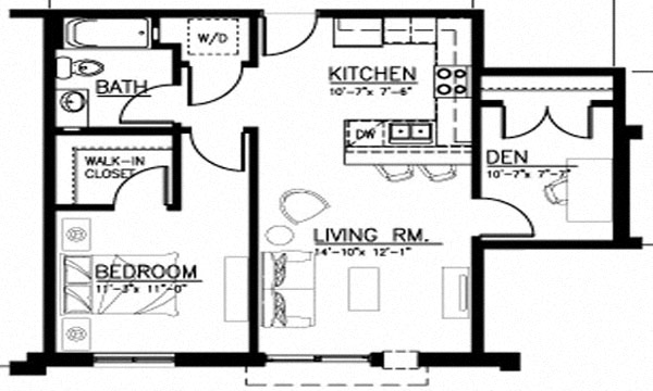 Floor plan for 1 bed, 1 bath, 1034 sqft